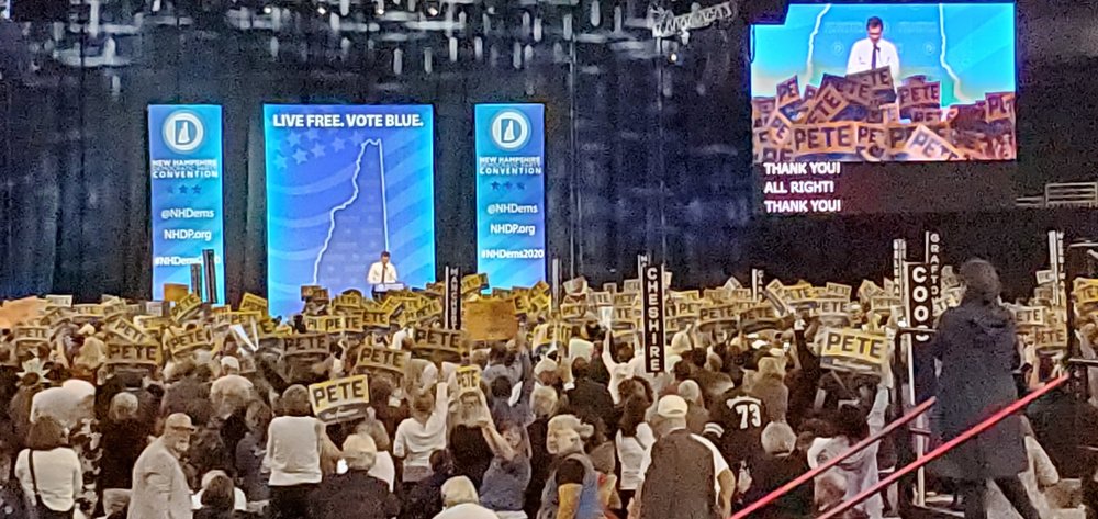 Photo posted by @BethAnnDahan. ’Mayor Pete has BY FAR the biggest cheering section and most enthusiasm from the crowd at the NH Dems Convention!”