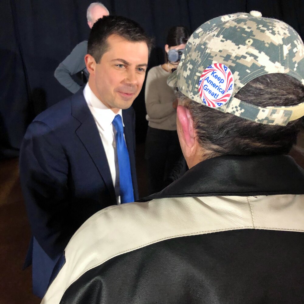  Pete talks to a Trump voter at a town hall in Iowa, Jan 15, 2020, posted by Dan Merica 