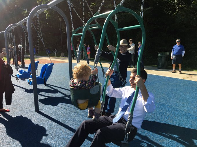 Posted by Jennifer Weingart  (LINK) . “Mayor Pete also got to try out the Expression Swing with Eva Ditty of South Bend. Leeper Park now has a fully accessible playground so children and caregivers of all abilities can play together”