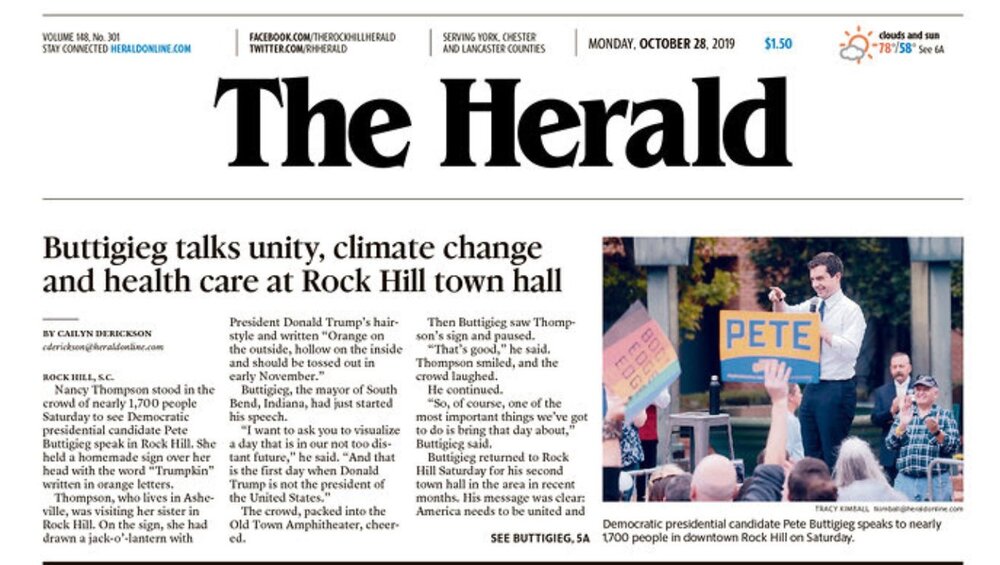 Pete makes the front page of The Herald after a packed weekend in Rock Hill, SC.