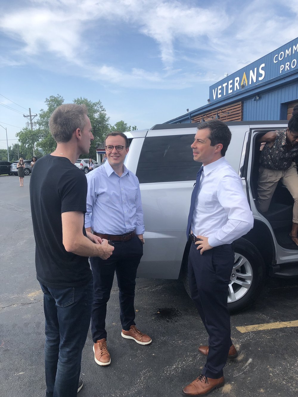  Pete and Chasten visit Veterans Community Project in Kansas City MO with Jason Kander on Jul 17, 2019. Posted on Twitter by George Hornedo ( LINK ) 